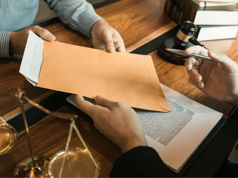 Mãos trocando documentos em uma mesa, com livros e um martelo ao fundo