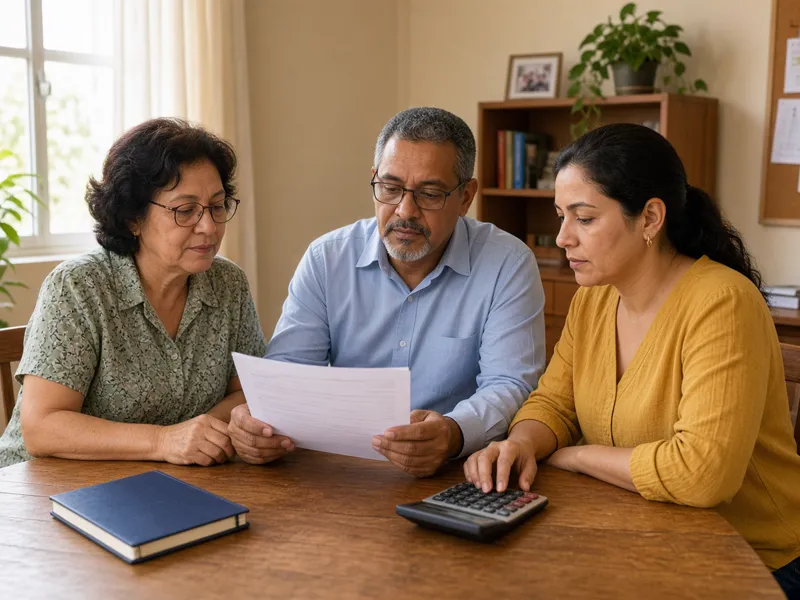 Três pessoas analisando um documento financeiro e uma calculadora em uma mesa